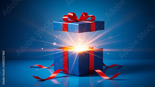 A radiant blue gift box with a red ribbon bursts open with bright light and sparkling particles, symbolizing surprise and celebration