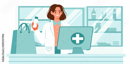 Friendly female pharmacist in white coat holding medication bottle at counter with computer and shelves of medicines