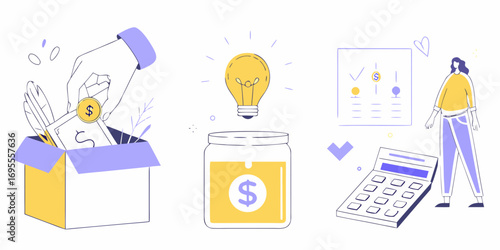 Financial planning and investment concept with hand adding money to a box lightbulb savings jar calculator and checklist