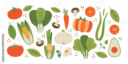 A colorful assortment of fresh vegetables and greens arranged in a vibrant flat design illustration