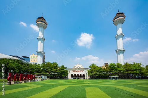 Bandung, Indonesia - 2 Nov 2023: Alun-alun Bandung (Bandung Town Square) with iconic Masjid Raya Bandung (Bandung Grand Mosque)