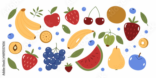 A vibrant collection of colorful cartoon fruits and berries arranged in a playful pattern on a white background