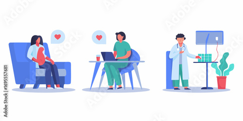 Medical professionals interacting with patients and technology in a modern healthcare setting