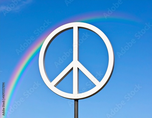 A white peace symbol against a bright blue sky with a rainbow arching in the background, representing hope and harmony