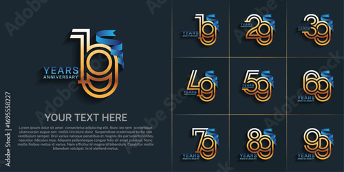 Anniversary logo style double line number set. golden color and blue ribbon for celebration event