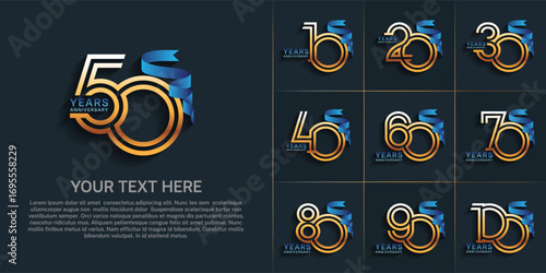 Anniversary logo style double line number set. golden color and blue ribbon for celebration event