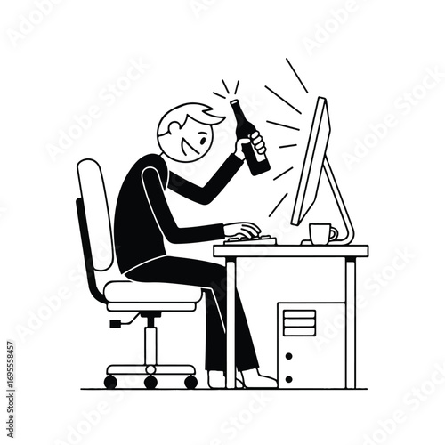 Person celebrating a computer victory with a bottle of alcohol at their desk.