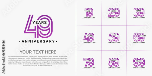 Anniversary logo style double line number set. black and purple color on white background for celebration event