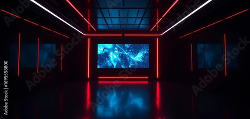 Sleek, dark room; futuristic tech glows faintly,  futuristic,  modern room