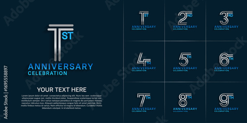 Anniversary logo style double line number set. silver and blue color on blue background for celebration event
