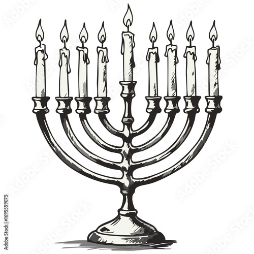 Hanukkah menorah with nine lit candles for cultural and religious celebrations, background for jewish holiday posts, prints, and blog illustrations.