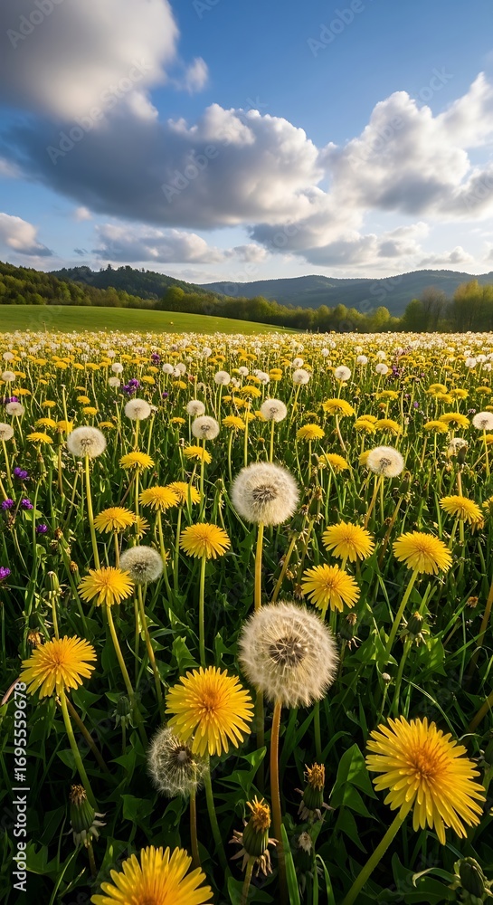 Obraz premium A vibrant field of dandelions, showcasing fluffy seed heads against a backdrop of rolling hills and a beautiful sky filled with clouds.