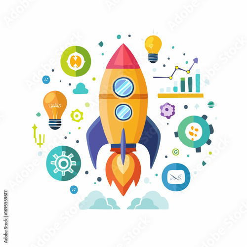 Flat colorful startup vector icons, rocket, idea, teamwork, growth, innovation, clean modern style, isolated on white for digital use.
