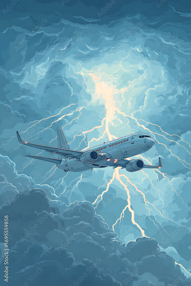 Fototapeta premium Airplane flying through a stormy sky with lightning illuminating dark clouds