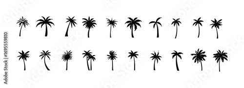 Collection of Black Silhouette Palm Trees on White Background