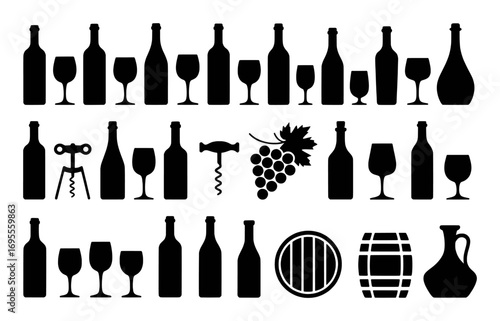Collection of Black Silhouettes of Wine Bottles, Glasses, and Accessories