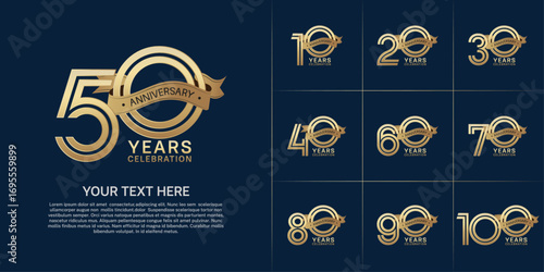Anniversary logo style double line number set. gold color with golden ribbon for celebration event