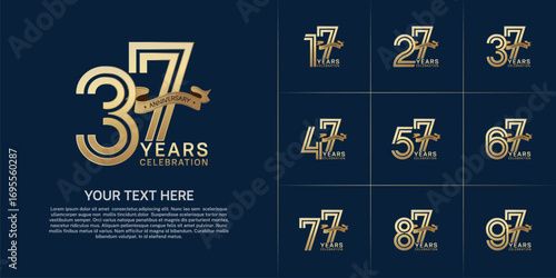 Anniversary logo style double line number set. gold color with golden ribbon for celebration event