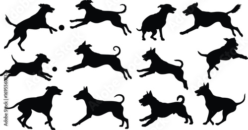 Dog silhouettes collection vector, running and playing pets, jumping active dogs with ball, domestic animal artwork, black canine shape design graphic