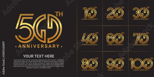 Anniversary logo style double line number set. golden color on brown background for celebration event