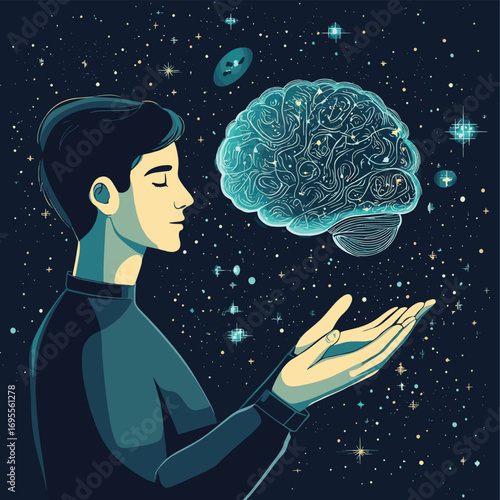 A man's reflection on the creation of intelligence. A man holds the brain of artificial intelligence in his hands. The creator and his creation. , vector style simple color