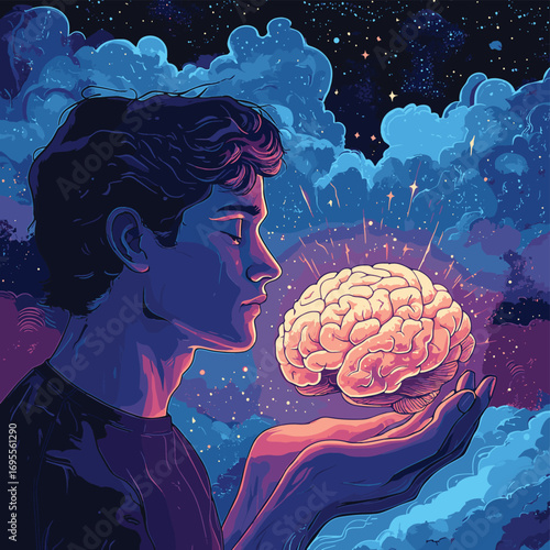 A man's reflection on the creation of intelligence. A man holds the brain of artificial intelligence in his hands. The creator and his creation. , vector style simple color