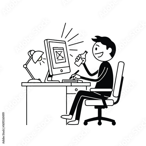 Happy designer working on computer with drink.