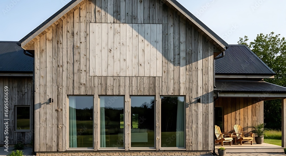 Fototapeta premium Modern wooden barn house with large windows showcasing contemporary architectural design in a rustic countryside setting