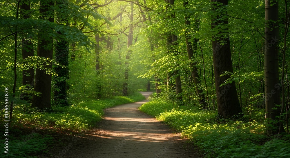 Fototapeta premium A sun-drenched forest path winds through lush greenery, casting soft shadows on the ground.