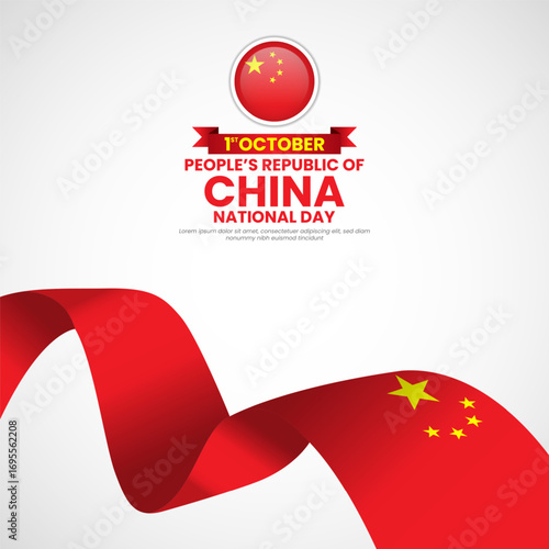 Chinese flag for national day square banner background with waving ribbon flag