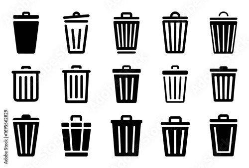 Collection of Black and White Trash Can Icons for Design and Web Use
