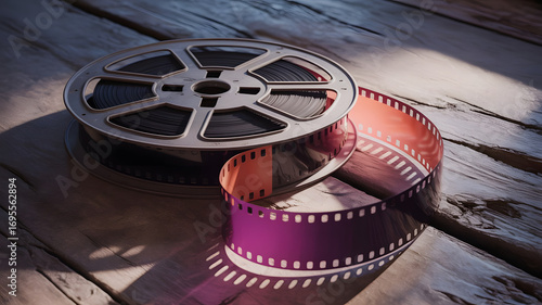Reel Story: A classic film reel sits on a rustic wooden surface, its vibrant film strip unwinding gracefully. The scene encapsulates the essence of filmmaking.