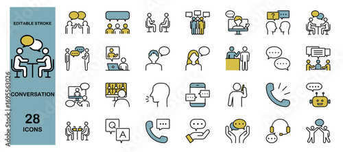 Conversation and Communication Icon Set. Editable stroke. Colored vector illustration.