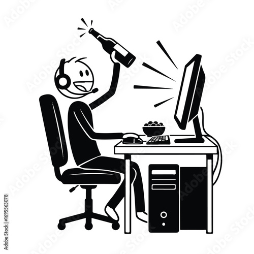 Stick figure gamer celebrating a victory at a computer desk with a headset and a bottle, next to a bowl of snacks.