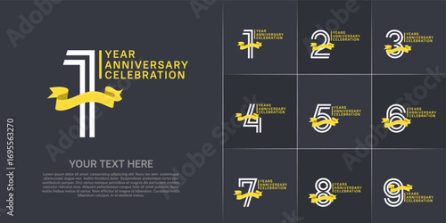 Anniversary logo type set with double line number. white color with yellow ribbon for celebration event