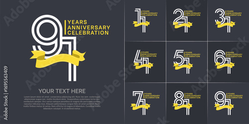 Anniversary logo type set with double line number. white color with yellow ribbon for celebration event