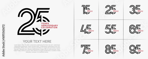 Anniversary logo type set with double line number. black and red color for celebration event