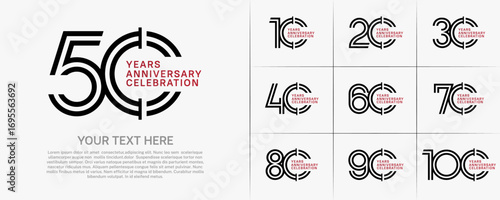 Anniversary logo type set with double line number. black and red color for celebration event