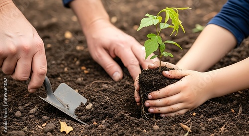 A parent and child's hands carefully planting a young tree sapling together in the garden, symbolizing growth and environmental care