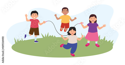 skipping rope game happy kids jumping kindergarten preschool children playing double dutch. boys girls outdoor fun activity illustration background