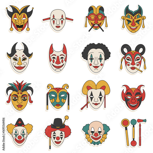 Collection of colorful and diverse theatrical masks and clown faces, representing performance and entertainment.