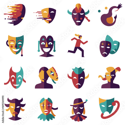 Collection of diverse theatrical masks and performance art symbols representing drama, disguise, and celebration.