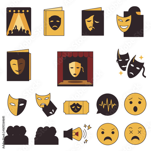 Collection of theatre and emotion icons including masks, stage, audience, ticket, and emoticons representing joy and sadness.