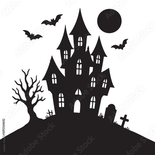 halloween haunted house with bats silhouette vector illustration on white background