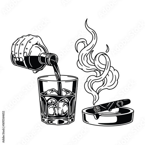 Hand pouring whiskey into a glass with ice, a cigar in an ashtray with smoke.