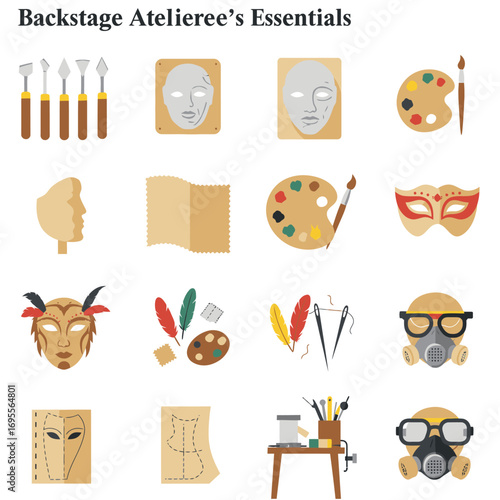 This detailed illustration presents a vibrant array of essential tools and supplies used in an atelier for mask-making, sculpting, and diverse artistic crafts.