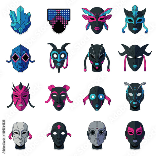 A captivating collection of diverse, stylized graphic masks in a vibrant color palette, evoking mystery, fantasy, and cultural symbolism.