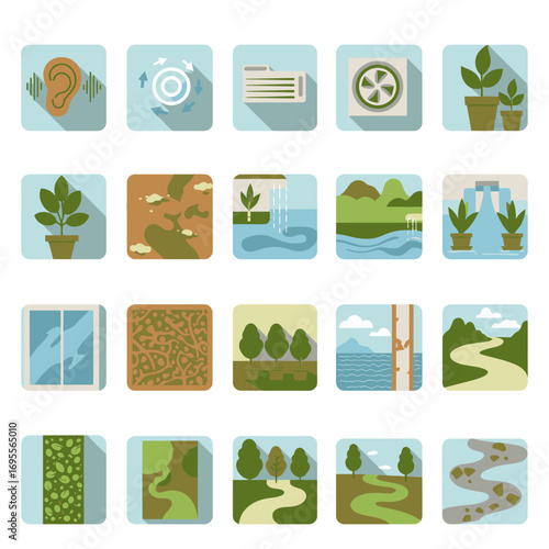A collection of flat design icons illustrating diverse environmental elements, natural landscapes, and sensory perceptions, presented with a clean, modern aesthetic.