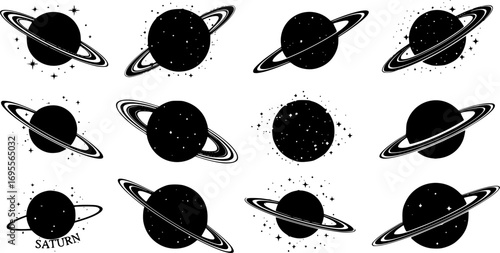 Monochrome Saturn Planet Vector Collection – Space Design with Rings and Stars Isolated on White Background