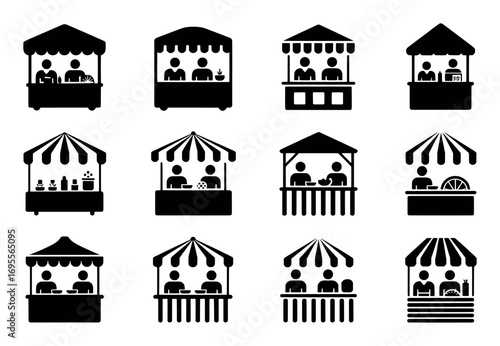 Collection of Market Stall and Booth Icons with People and Products